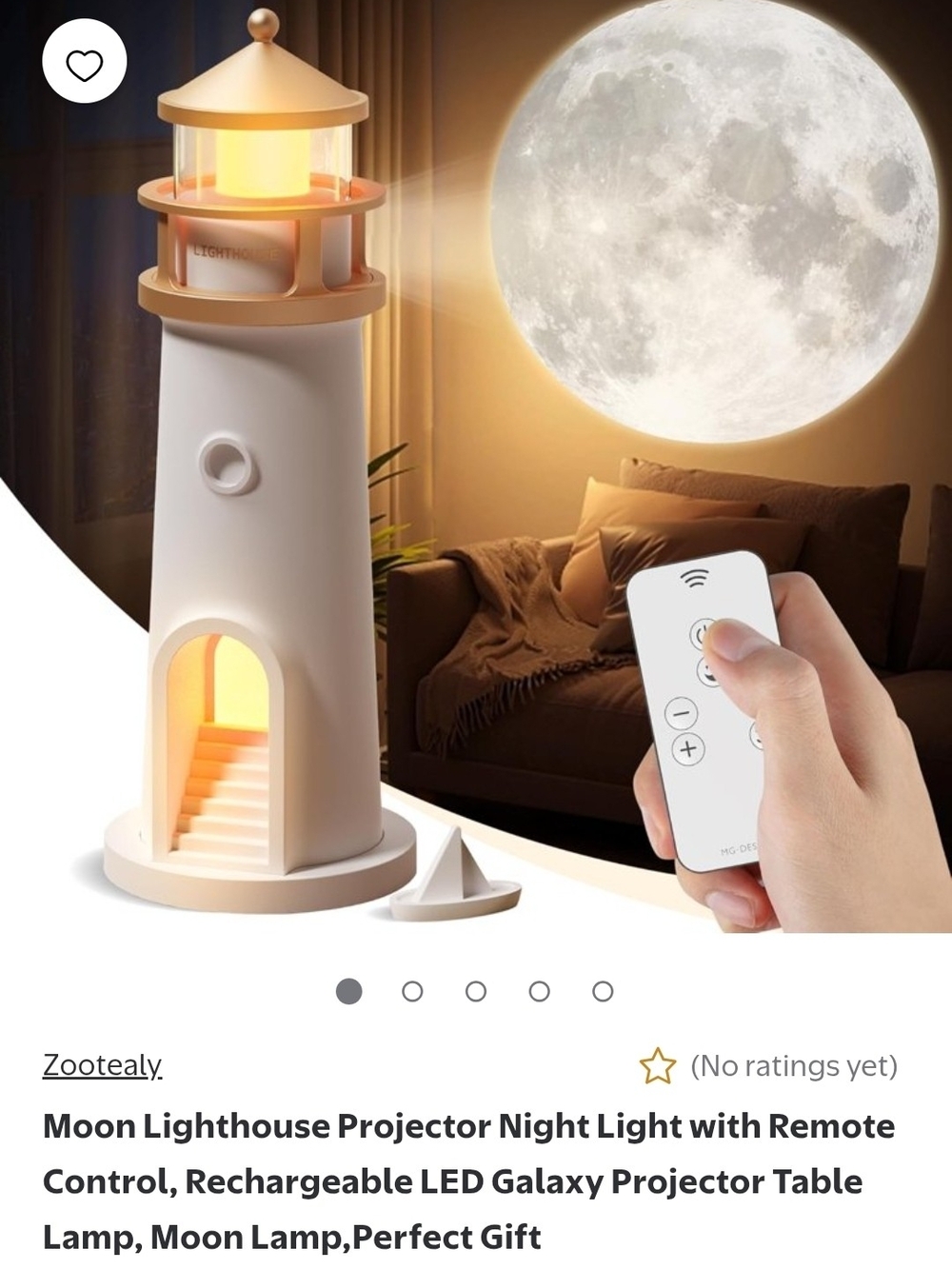 White & Tan Moon Lighthouse Projector Night Light with Remote